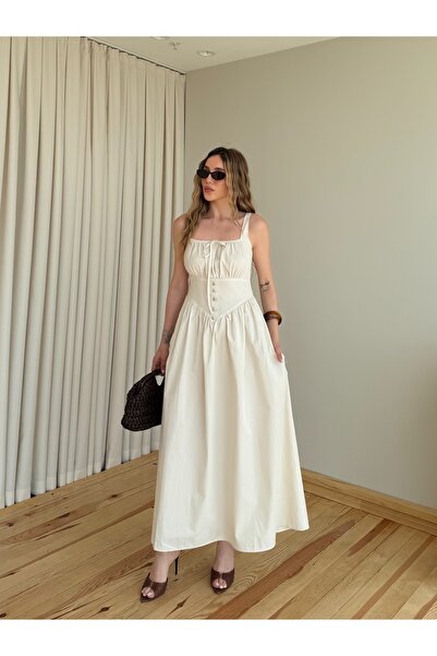 Laluvia Beige Long Dress with Gipeli on the Back - 8706