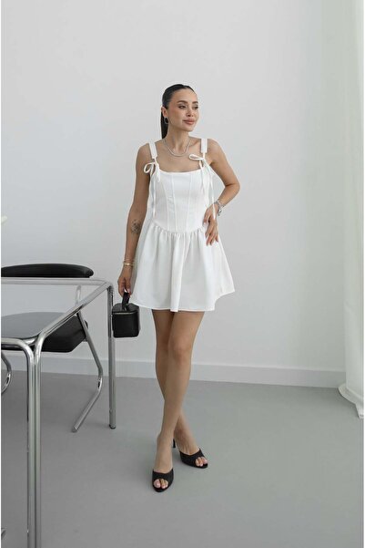 Havoş Ecru Strap Dress with Bow Tie Detail