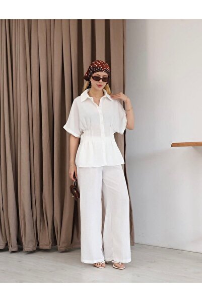 Moda Banuş Pera Linen Waist Pleated Detail Shirt Pants