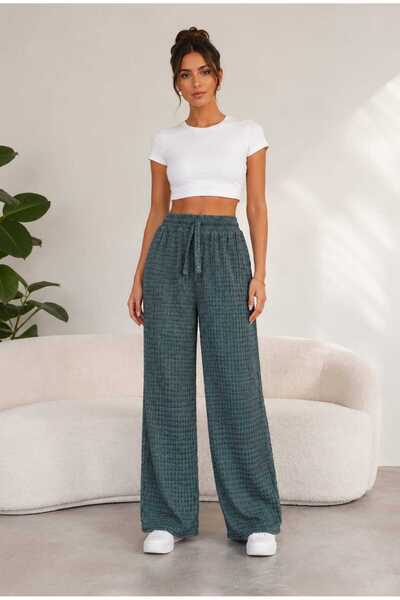 Tenra Women's Palazzo Trousers with Wrinkled Texture, Comfortable Fit, High W...