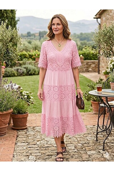 AYASOFYA OTANTIK Women's Italian Pink Sequined V-Neck Lace Midi Silk Dress