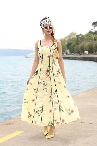Siyezen Striped Detailed Floral Patterned Poplin Fabric Yellow Dress
