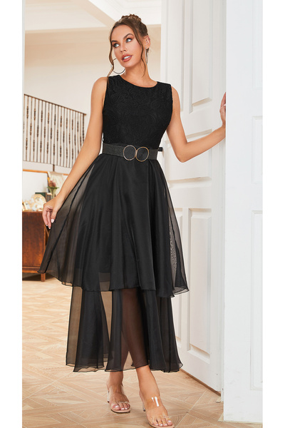 Independent Chiffon Evening Dress with Flowing Layers and Elegant Belt