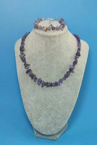 Zodyak Doğal Taş AMETHYST NATURAL BROKEN NECKLACE AND BRACELET NATURAL STONE SET