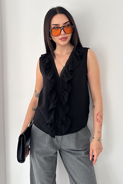 Noa&Noa Women's Ruffle Detailed Sleeveless Blouse V-Neck Stylish Blouse