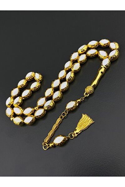Tesbih Store White Enameled Heavy Gold Simulated Metal Prayer Beads Gift for Men