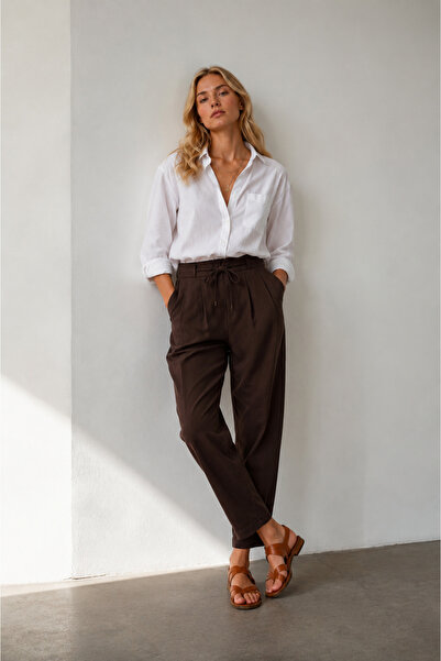 kikiriktekstil 10800 Women's 100% Cotton High Waist Tencel Pants with Drawstring