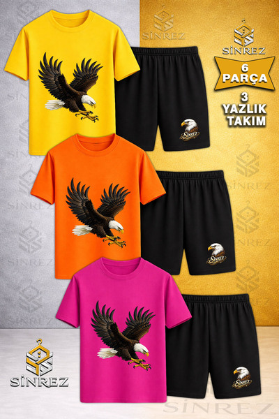 SİNREZ 3-Piece Children's Eagle Colorful Attack Printed Crew Neck T-Shirt - S...