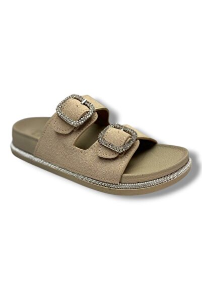 Pienn 20077-001-26 Suede Stripe Stone Double Buckle Anatomical Women's Slippers