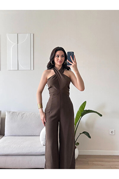 Zoom Butik Boyundan Bağlamalı Keten Tulum - KAHVE