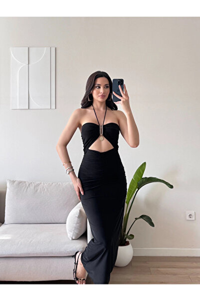Zoom Butik Boyun Bağlamalı Aksesuar Elbise - SİYAH