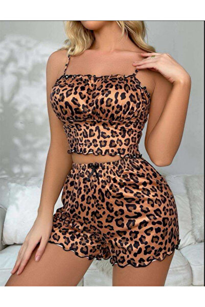 Bleu Petite Leopard Patterned Knitted Women's Shorts Pajama Set