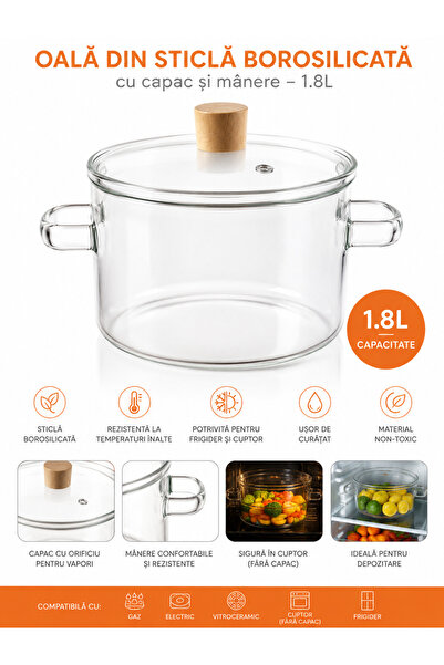 OEM 1.8L Borosilicate Glass Pot with Lid and Handles, High Temperature Resistant