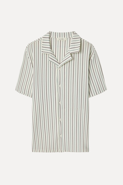 Mudo Men's Off-White Striped Comfort Fit Short Sleeve Shirt