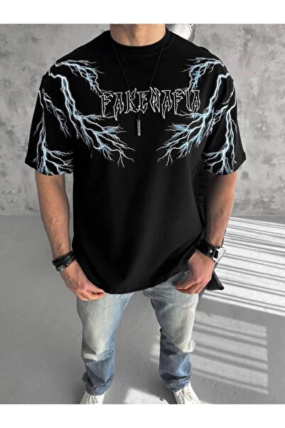 Mariposa Secret Men's Crew Neck Lightning Printed Short Sleeve T-Shirt-Black