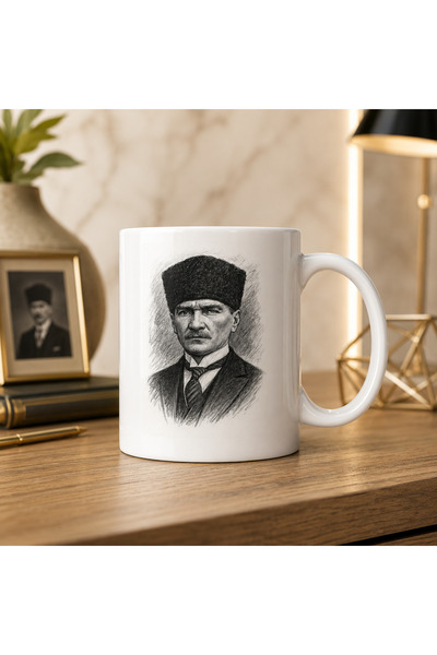 Kurşun Kalem Cizimli Atatürk Potreli Kupa