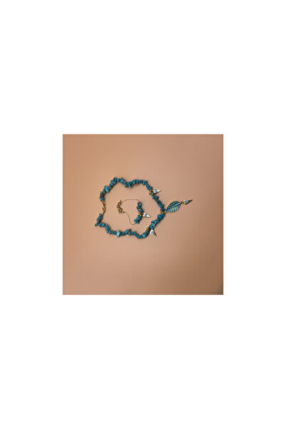 CHIC Turquoise Natural Stone Leaf End Eye Gold Chain Necklace and Bracelet