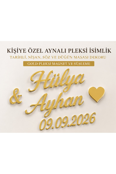 Bioren Kişiye Özel Aynalı Pleksi İsimlik - Tarihli, Nişan, Söz ve Düğün Masas...