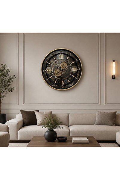 Evdeki Mağaza 60x60cm Evdeki Metal Çarklı Saat-Lyon Gold-Altın Eskitme