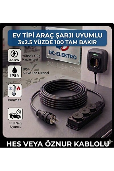 KAUÇUK 3 LÜ Evde Araç Şarjı Uyumlu 4 Metre (3x2.5 mm Ttr Tam Bakır) (HES veya Öznur kablolu) KAUÇUK 3 LÜ (IP54 uyumlu) Uzatma Seyyar