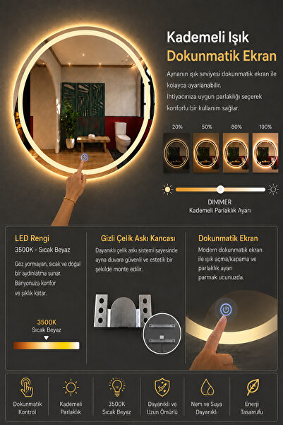 SAUBER'S Vialux Dokunmatik Ledli (Kademeli) Gün Işığı Kumlamalı Oval Ayna 58cm Banyo Aynası, Duvar Aynası, Konsol Aynası, Makyaj Aynası