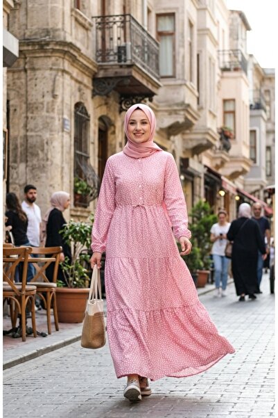 sefamerve Waist-Tied Polka Dot Hijab Dress 0287-03 Powder