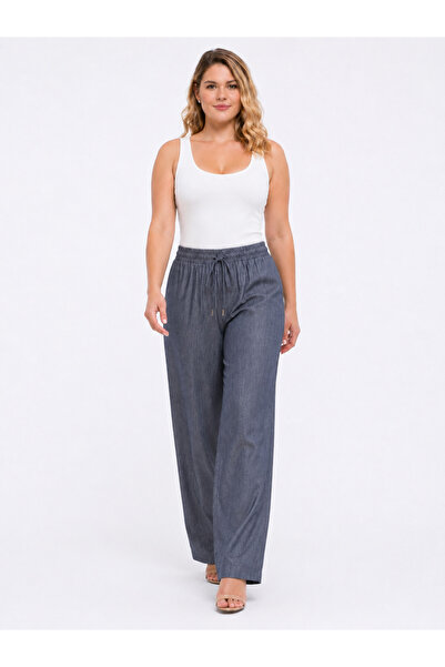 Şans Women's Plus Size Indigo, Elastic High Waist, Relaxed Fit Pocket Pants 6...