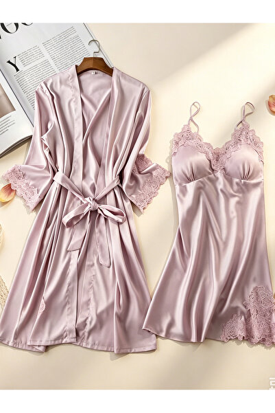 JInsh Soft Pink Satin Lace Lingerie Set 2-Piece, Elegant Nightwear Robe + Cam...