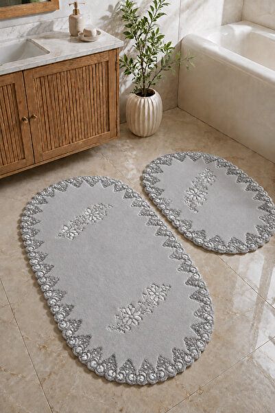 Bonny Home Gray 2-Piece French Lace Luxury Bath Mat Set with Non-Slip Base, D...