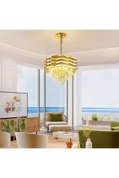 iTin Candelabru Cristal HEXA Ø30 cm 3x E14 Auriu Înălțime reglabilă