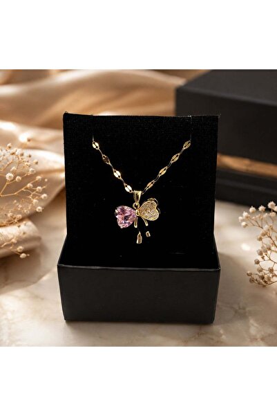 Bk Gift Elegant Women's Necklace with Stone Ribbon Figure - Elegant Steel Nec...