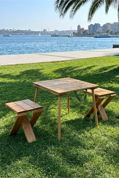 Wooden Factory Ahşap Piknik Masası 50x50 cm ve 2'li Tabure Seti Taşınabilir K...