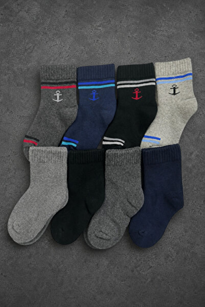 ZENGİN 8-Piece Winter Children's Towel Sock Set - Seamless Toe, Anchor Patter...