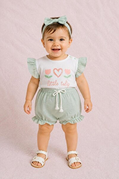 %100 Müslin Mint Little Tulip Kız Bebek 2’li Yazlık Şort Takım