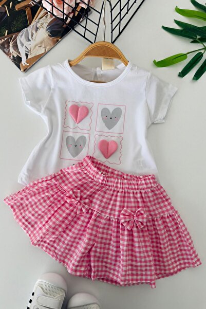 Minigimin Cicileri My Little One's Baby Girl Set with Heart Detail and Gingha...