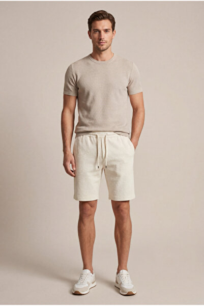 BRACCAS Men's Beige Cotton Seersucker Textured Relaxed Fit Shorts with Elasti...