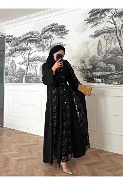 MODATUBAA KADIN SİYAH GÜPÜR DANTEL DETAYLI ABİYE ELBİSE