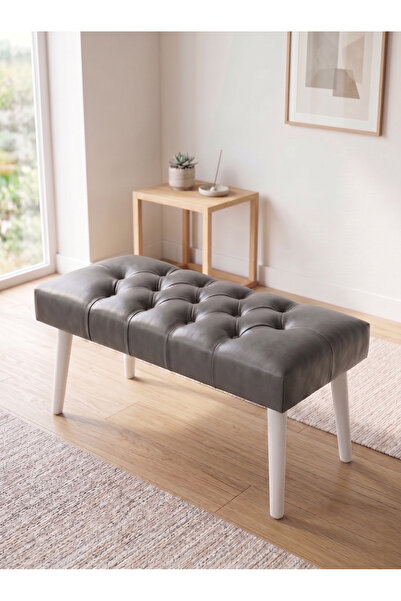 Azra Aksesuar Modern Kapitoneli Gri Deri Kumaş Bench Puf Oturma Bankı Ahşap B...