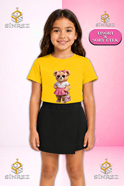 SİNREZ Set pentru fete FUSTĂ ROZ AYICIK Tricou cu mânecă scurtă imprimat CANT...