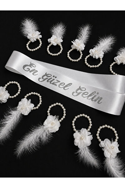 ELYNA Bride Kurdele ve 10 Adet Tüylü İncili Nedime Bilekliği En Güzel Gelin Y...