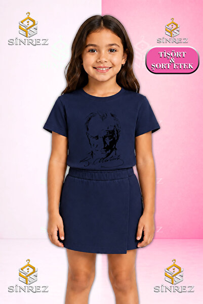 SİNREZ Set pentru fete ATATURK SIGNATURE NEGRU Imprimat Tricou cu mânecă scur...