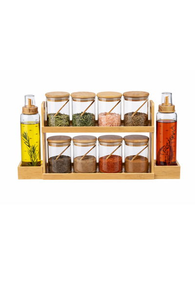 zorlo online store Glass Spice Jar Organizer Set with 8 Jars, 2-Tier Wooden R...