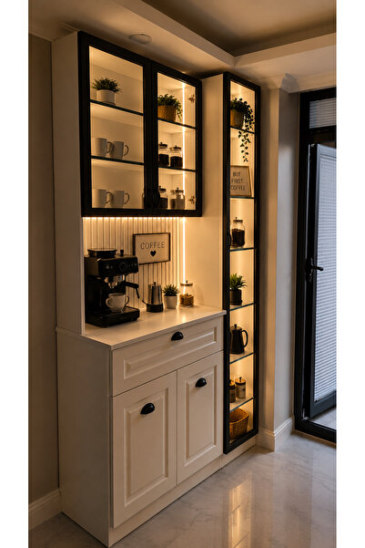 Grcstyle Ledli Kahve Köşesi 1. Sınıf MDF Cam Kapaklı Çok Amaçlı Dolap