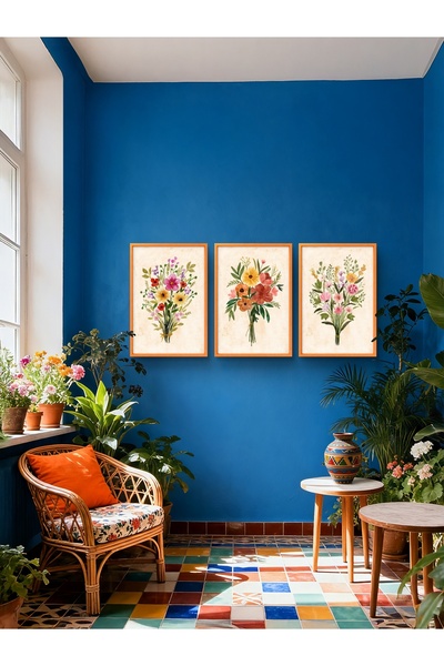 woodretro Flower Bouquet 3-Piece Painting Set. Wooden Framed Mdf Table Combin...