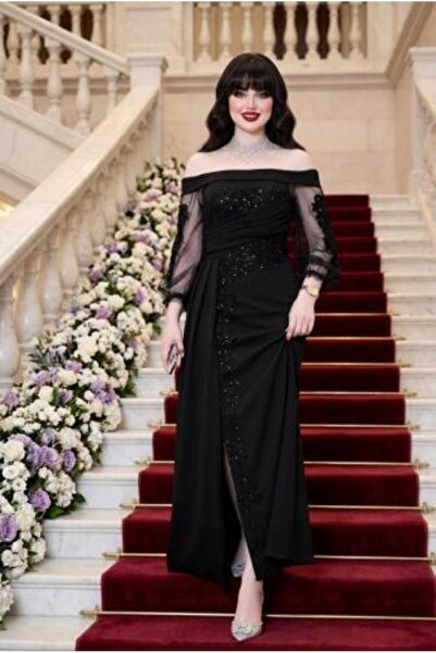 vela Black Evening Dress with Shiny Embroidery and Off-The-Shoulder Design