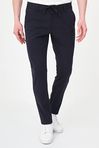 Mcr Striped Super Slim Fit Elastic Waist Drawstring Men's Trousers Navy Blue ...