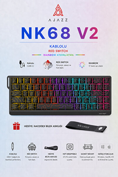 Ajazz NK68V2 Hot Swap Kablolu Mekanik Oyun Klavyesi- Red Switch-Bilek Askılı