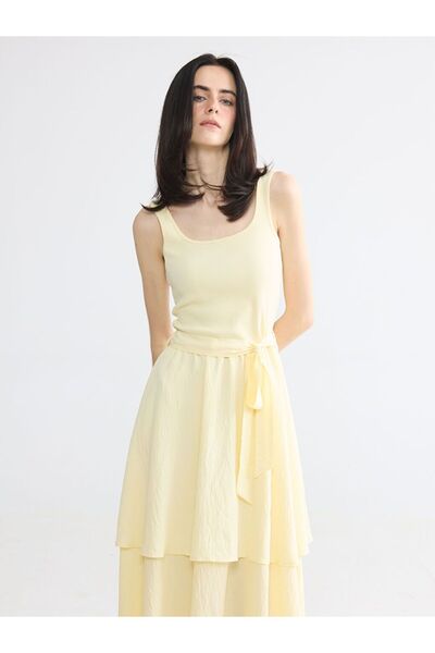 LC Waikiki Lcwaikiki Classic Yellow U-Neck Belted Layered Dress