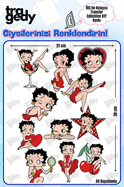 TRAGEDY A4 Boyutunda Ütü ile Kumaşa Yapışan Betty Boop Tasarımlı DTF Baskı