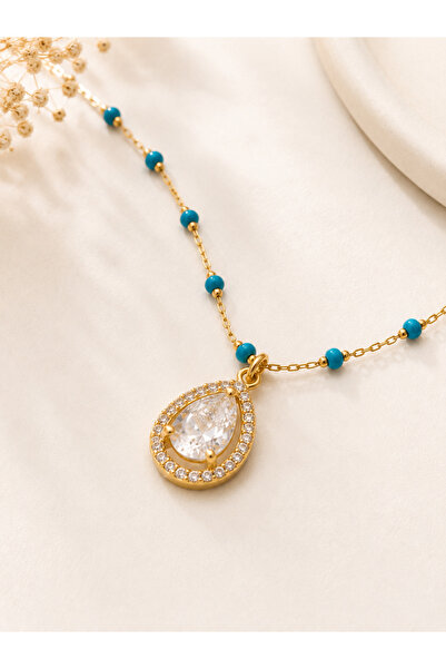 Archhazel Jewelery Steel Blue Bead Zircon Stone Detailled Necklace